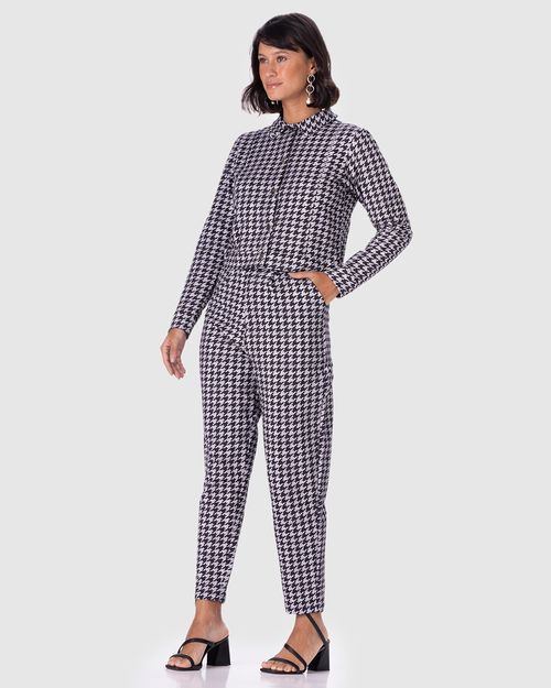 Calça Alfaiataria Feminina Estampa Pied De Poule Em Moletom Stretch