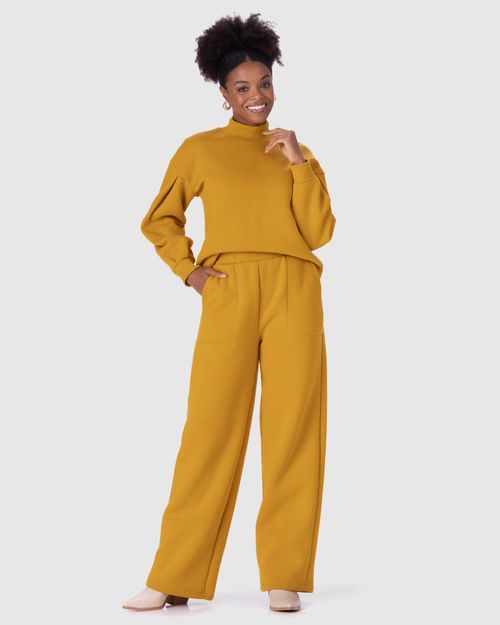 Calça Reta Feminina Bolso Frontal Em Moletom Premium