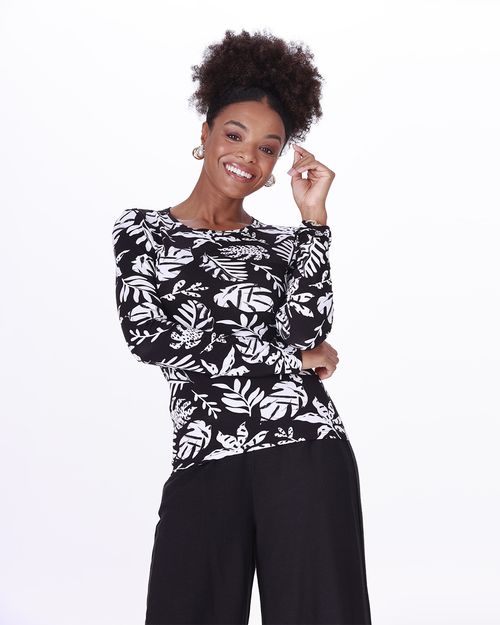 Blusa Feminina Manga Longa Folhagem Em Viscose Stretch