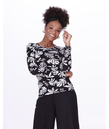 Blusa Feminina Manga Longa Folhagem Em Viscose Stretch
