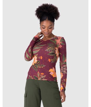 Blusa Feminina Manga Longa Floral Em Viscose Stretch