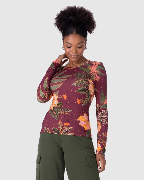 Blusa Feminina Manga Longa Floral Em Viscose Stretch