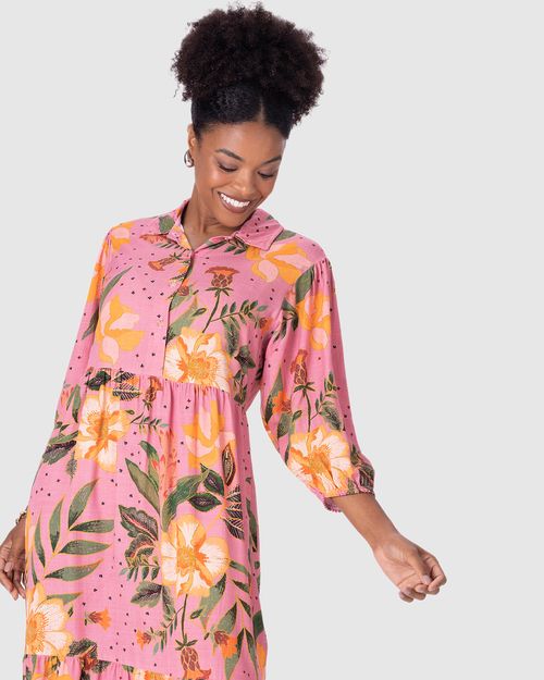 Vestido Midi Feminino Botões Frontais Floral Em Viscose