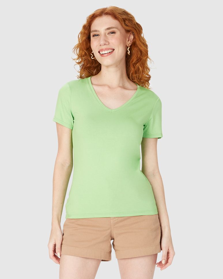 Blusa Básica Feminina Decote V Em Viscose Stretch