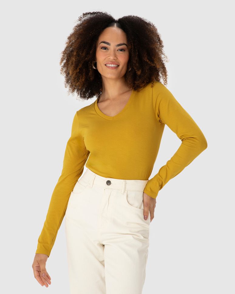 Blusa Básica Feminina Gola V Manga Longa Em Algodão