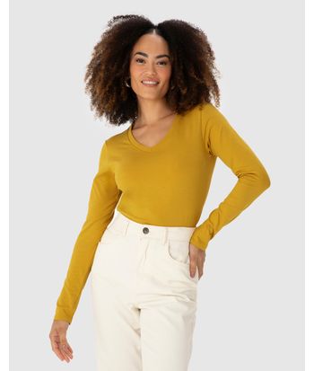 Blusa Básica Feminina Gola V Manga Longa Em Algodão