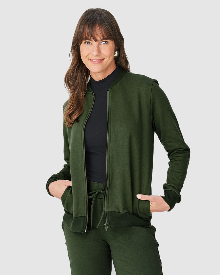 Jaqueta Básica Feminina Bolso Lateral Em Moletom Flanelado