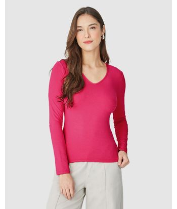 Blusa Básica Feminina Gola V Manga Longa Em Viscose Stretch