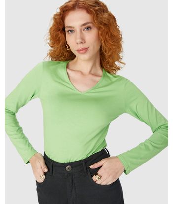 Blusa Básica Feminina Gola V Manga Longa Em Viscose Stretch