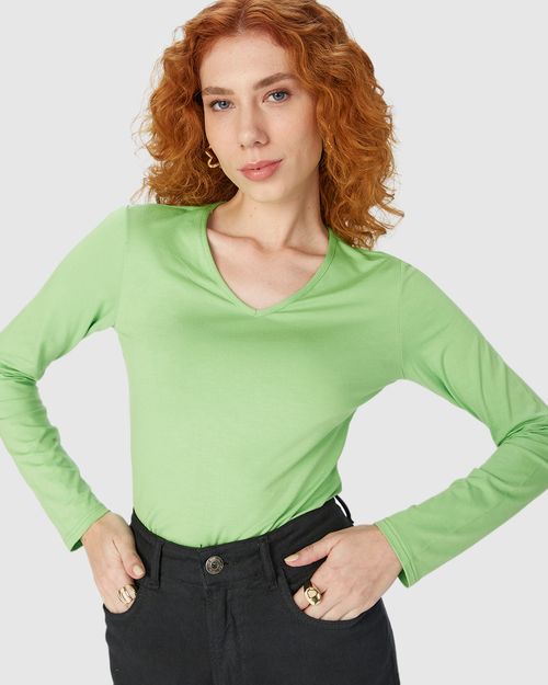 Blusa Básica Feminina Gola V Manga Longa Em Viscose Stretch
