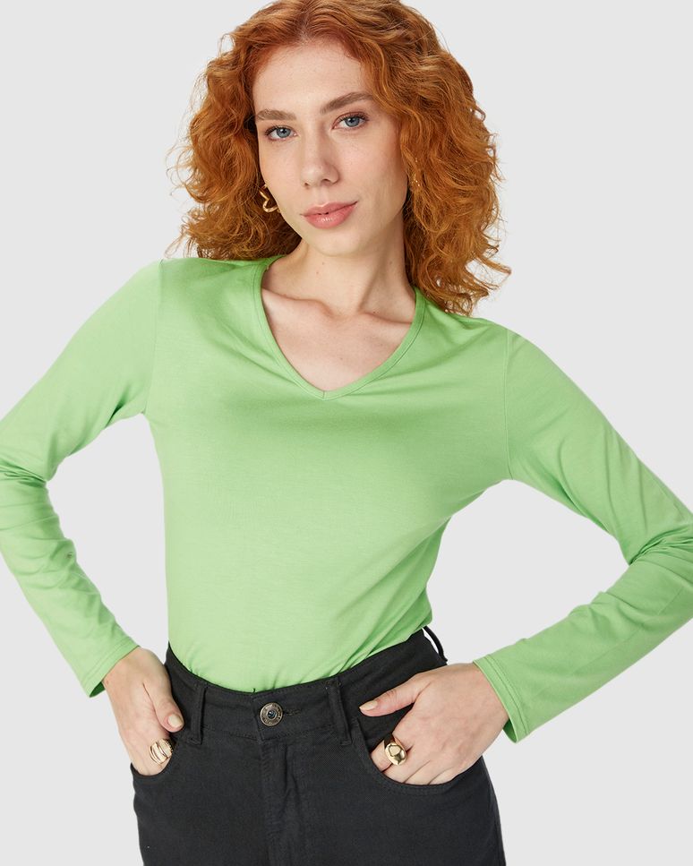 Blusa Básica Feminina Gola V Manga Longa Em Viscose Stretch