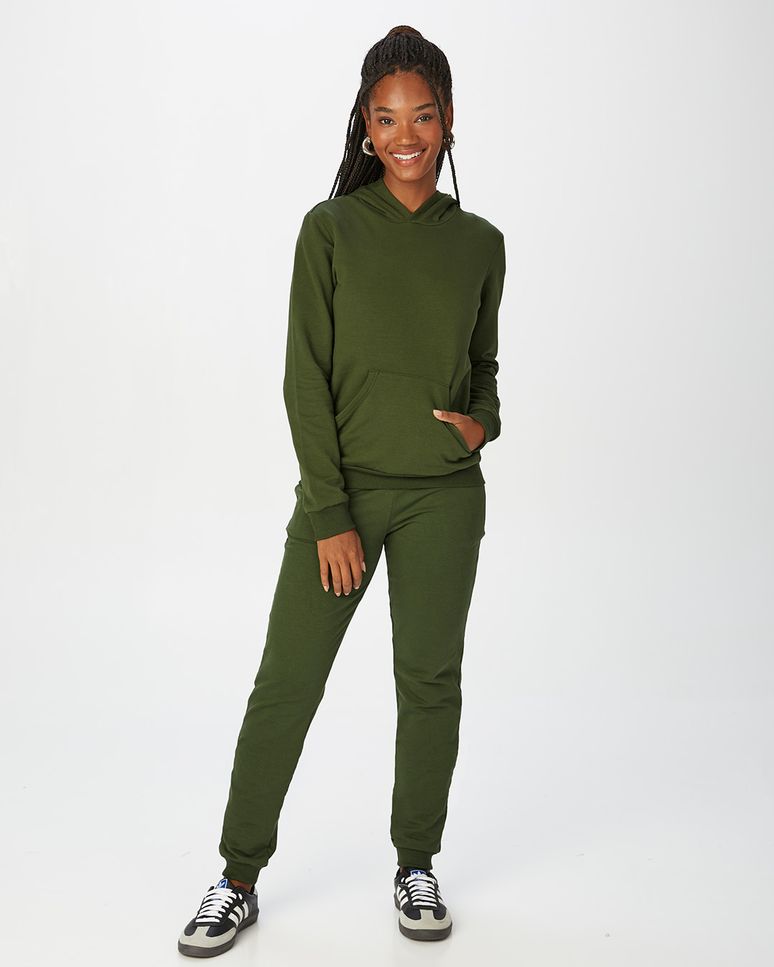 Conjunto Feminino Blusão Com Capuz Em Moletom Stretch Flanelado