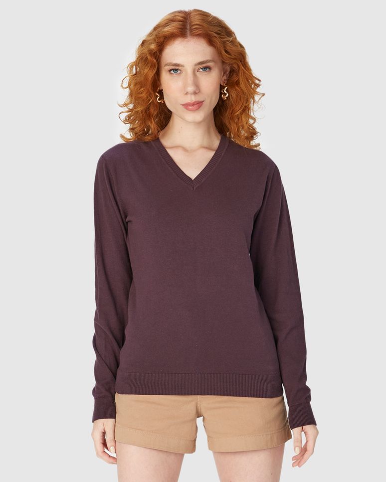 Suéter Básico Feminino Decote V Em Tricô