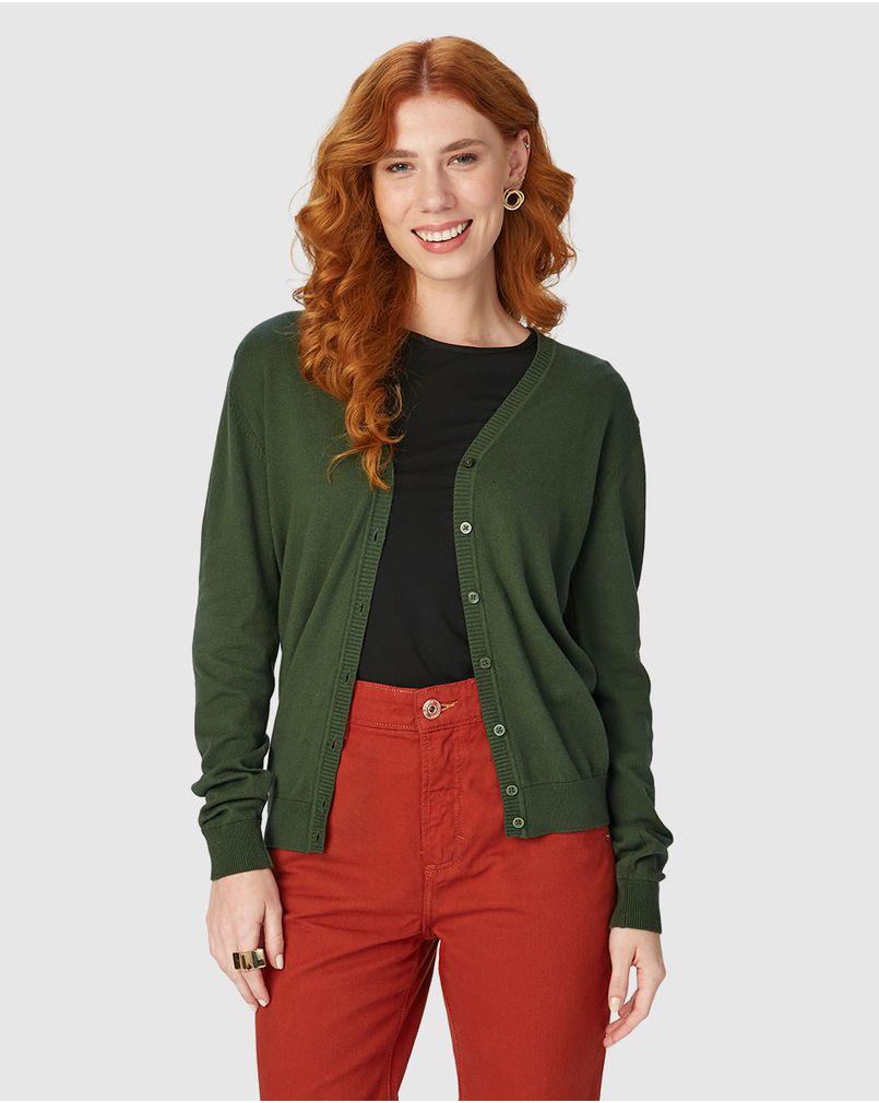 Cardigan Básico Feminino Decote V Em Tricô VERDE - Malwee
