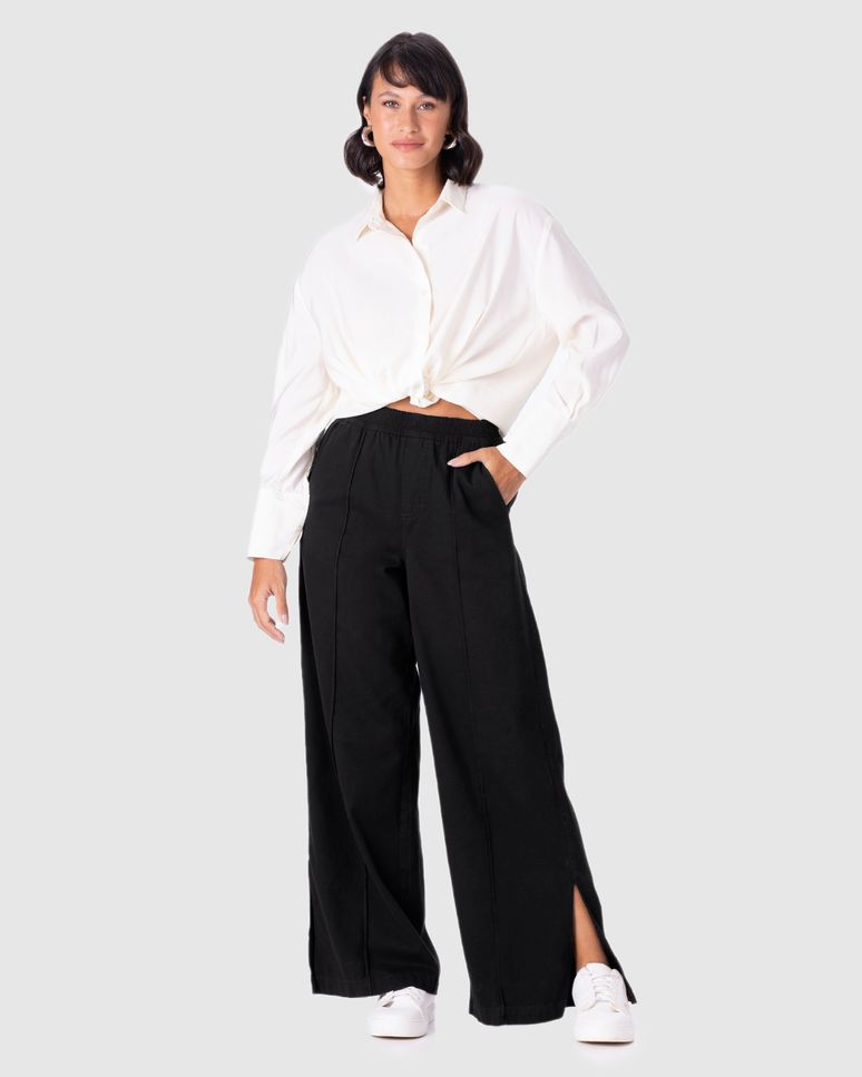 Calça Wide Leg Feminina Fenda Lateral Em Sarja 100% Algodão