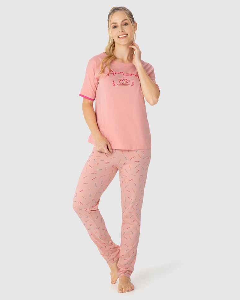 Pijama Feminino Blusa Manga Curta Estampa Amore Em Algodão