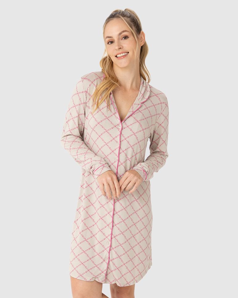 Pijama Feminino Manga Longa Estampa Xadrez Em Viscose Stretch