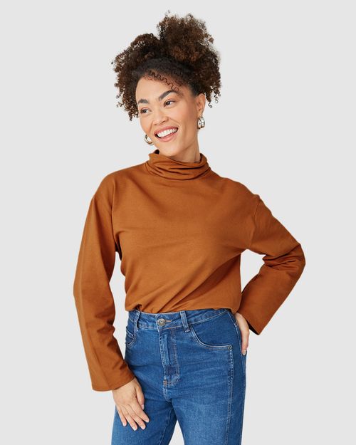Blusa Feminina Manga Longa Gola Alta Em Moletinho Linho Stretch
