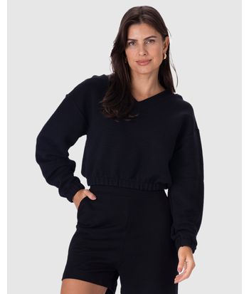 Blusão Cropped Feminino Barra Elástica Em Malha Relevo