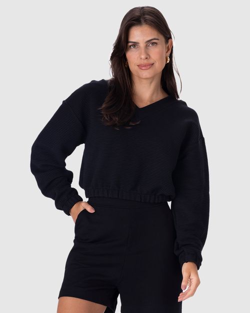 Blusão Cropped Feminino Barra Elástica Em Malha Relevo