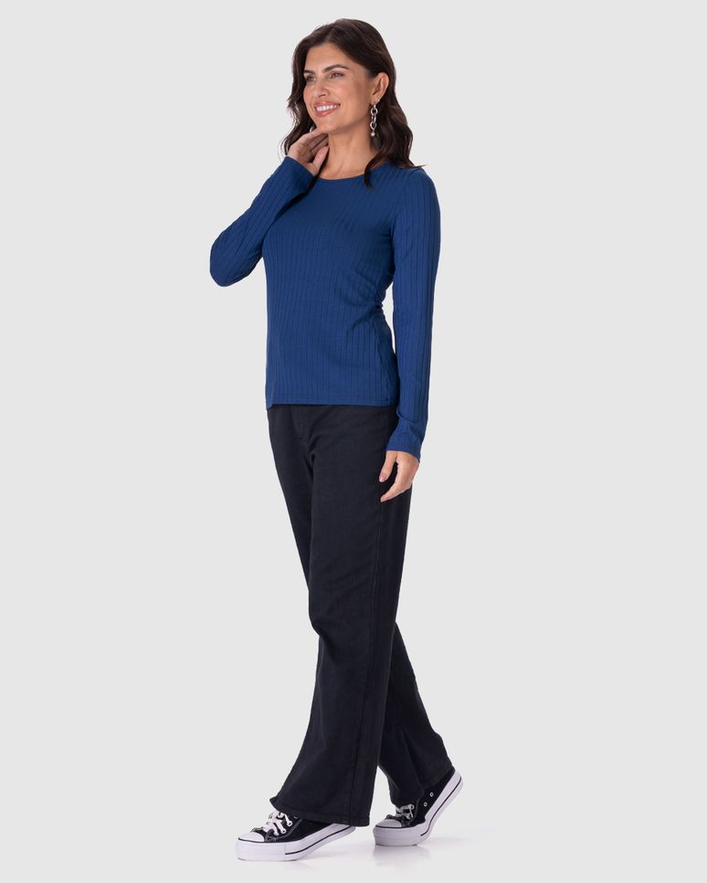 Blusa Básica Feminina Manga Longa Em Malha Canelada De Viscose