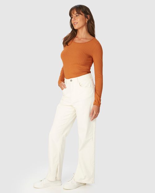 Blusa Básica Feminina Manga Longa Em Malha Canelada De Viscose
