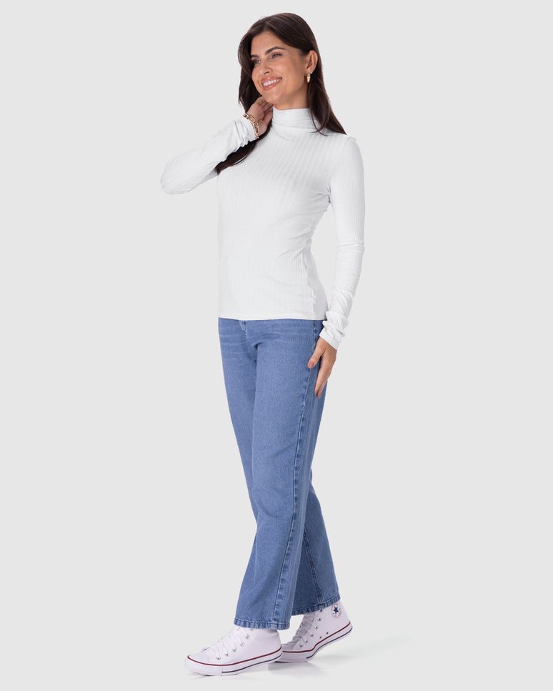 Blusa Básica Feminina Gola Alta Em Malha Canelada De Viscose