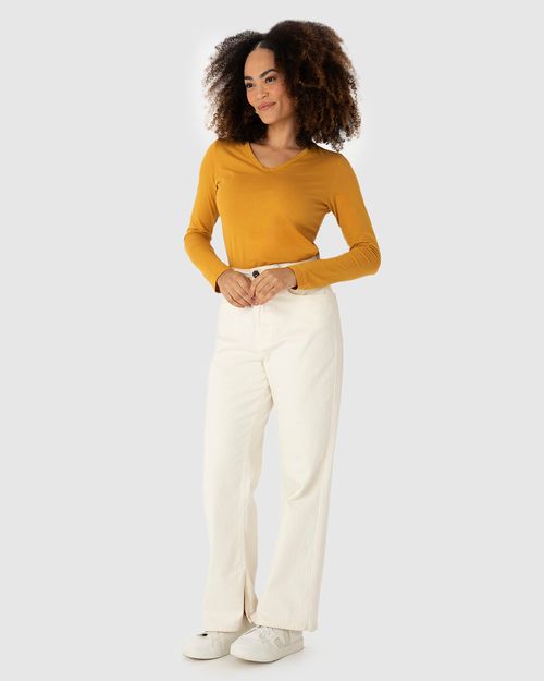 Blusa Básica Feminina Decote V Manga Longa Em Algodão