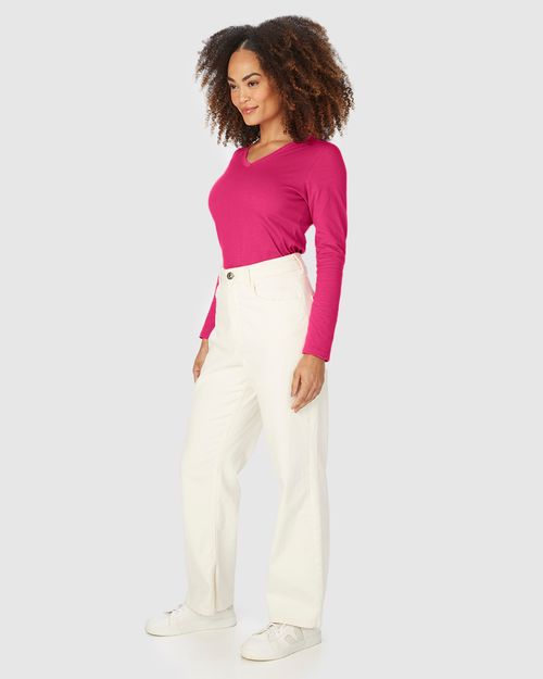Blusa Básica Feminina Decote V Manga Longa Em Algodão