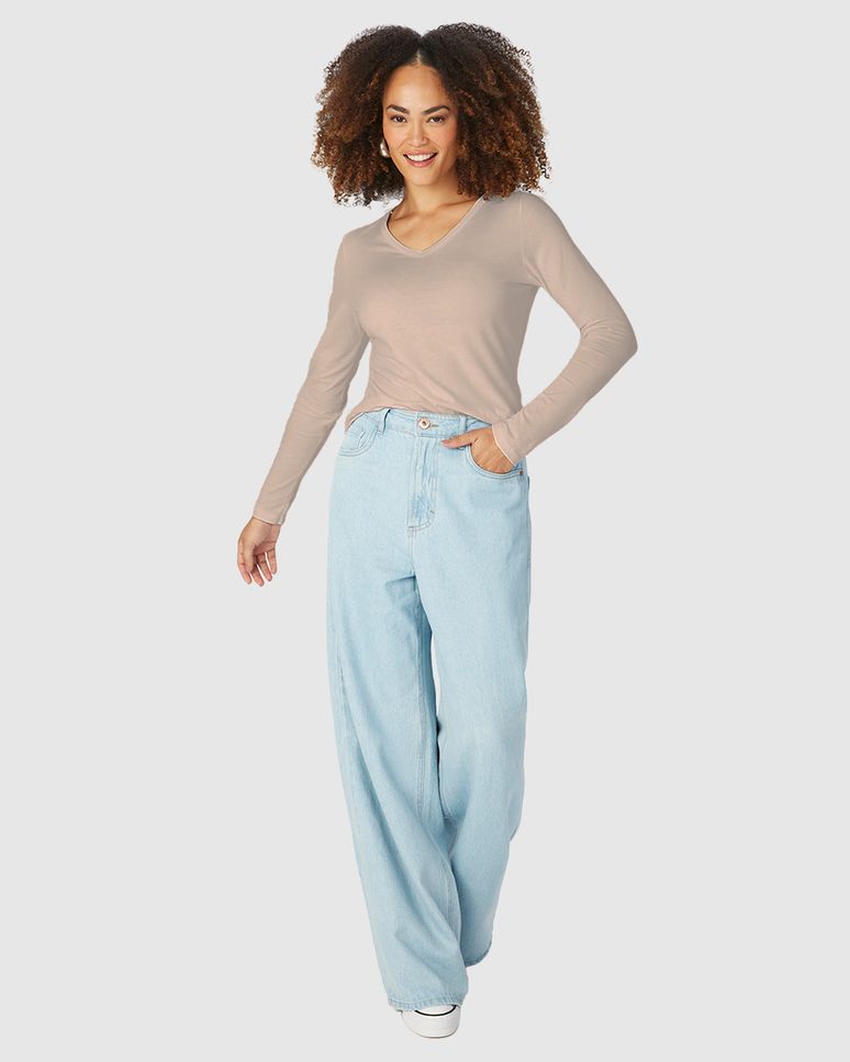 Blusa Básica Feminina Decote V Manga Longa Em Algodão