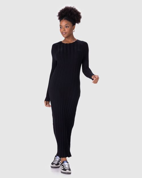 Vestido Midi Feminino Gola Redonda Manga Longa Em Tricô Canelado