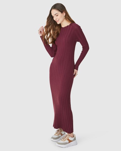 Vestido Midi Feminino Gola Redonda Manga Longa Em Tricô Canelado