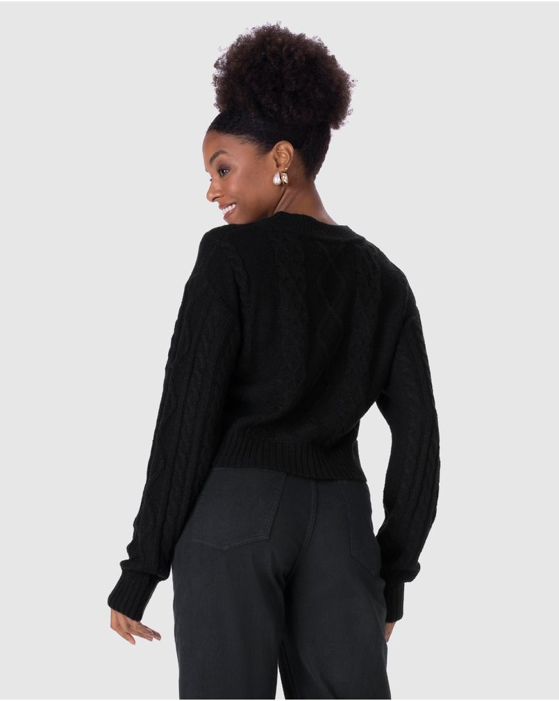 Cardigan Cropped Feminino Trançado Em Tricô PRETO - Malwee