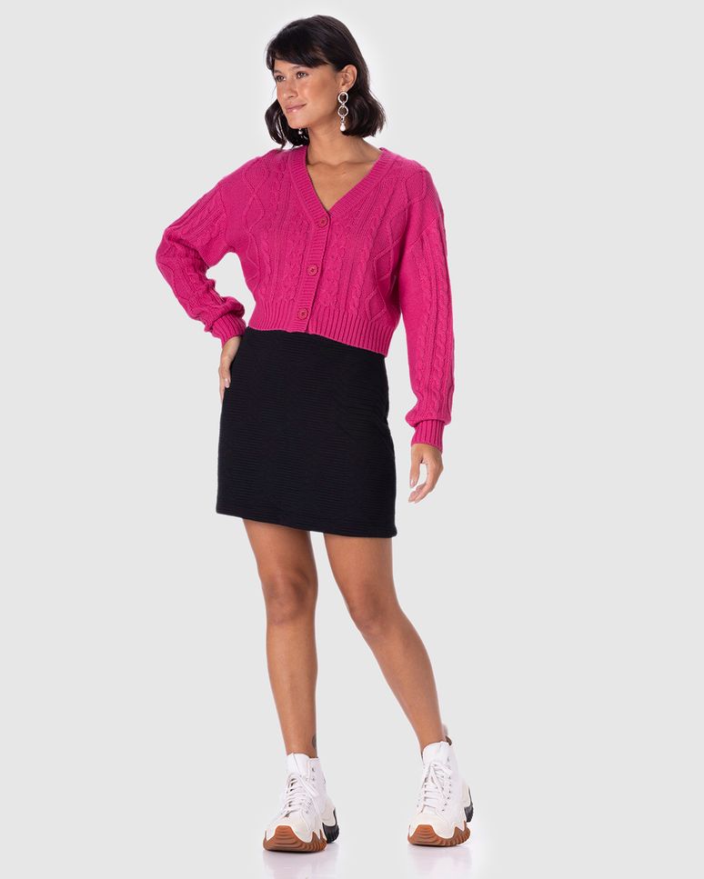 Cardigan Cropped Feminino Trançado Em Tricô