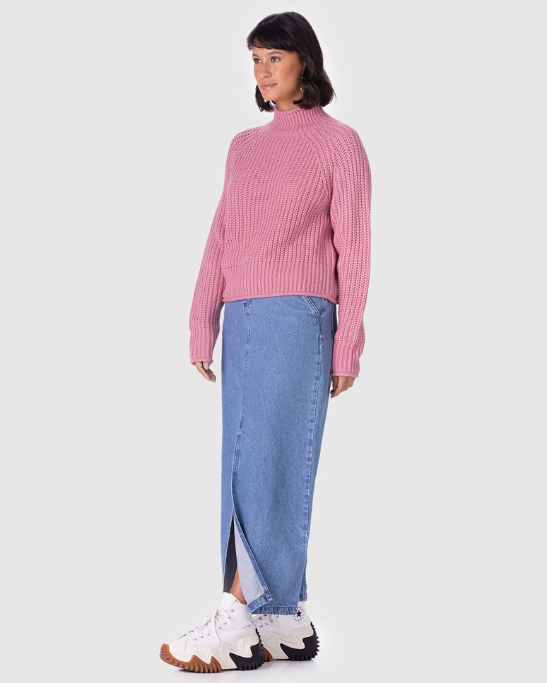 Suéter Cropped Feminino Gola Alta Em Tricô