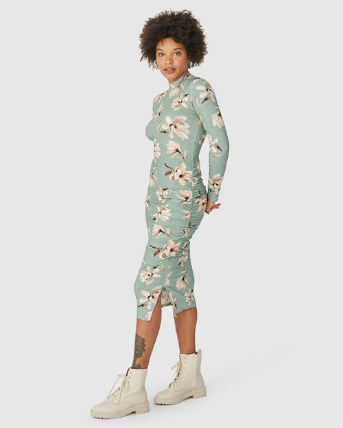 Vestido Midi Feminino Floral Fenda Lateral Em Viscose Stretch