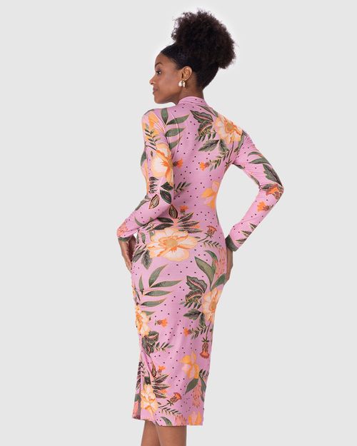 Vestido Midi Feminino Floral Fenda Lateral Em Viscose Stretch