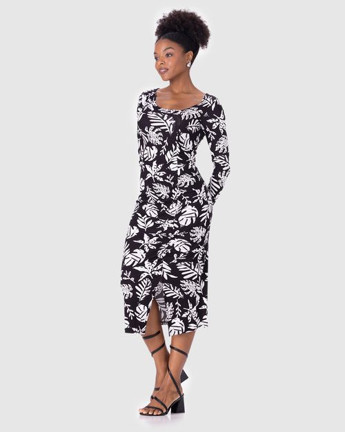 Vestido Midi Feminino Manga Longa Fenda Frontal Em Malha Viscose Canelada