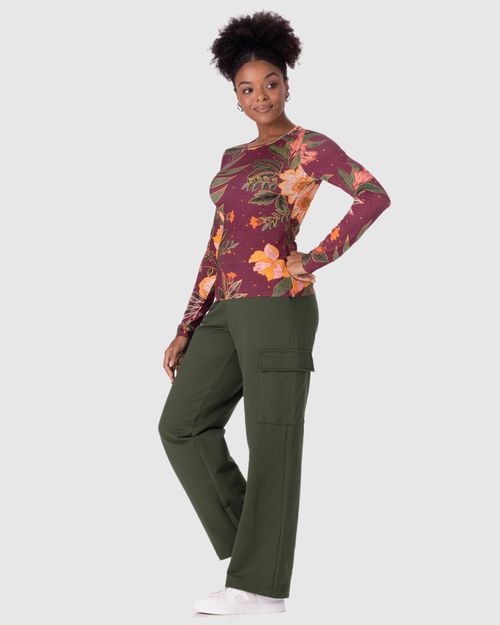 Blusa Feminina Manga Longa Floral Em Viscose Stretch