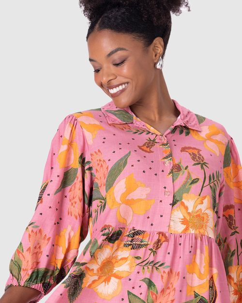 Vestido Midi Feminino Botões Frontais Floral Em Viscose