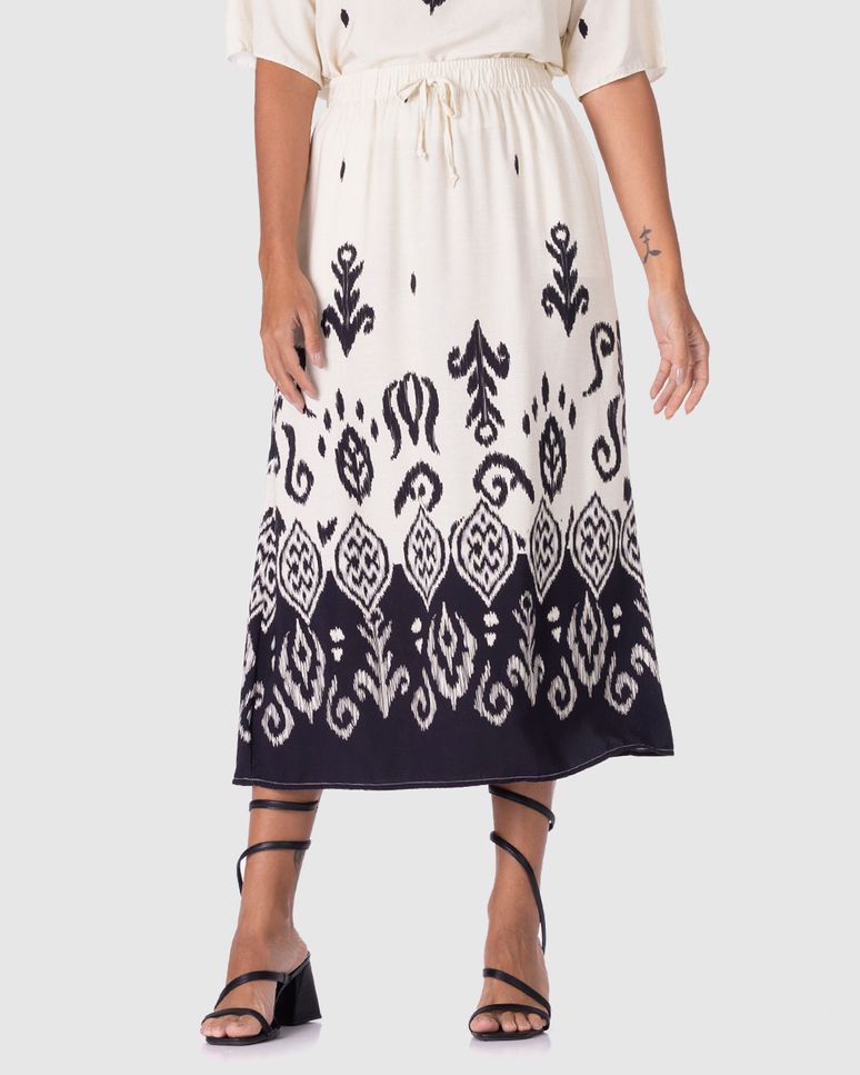 Saia Midi Feminina Estampada Bolso Lateral Em Viscose