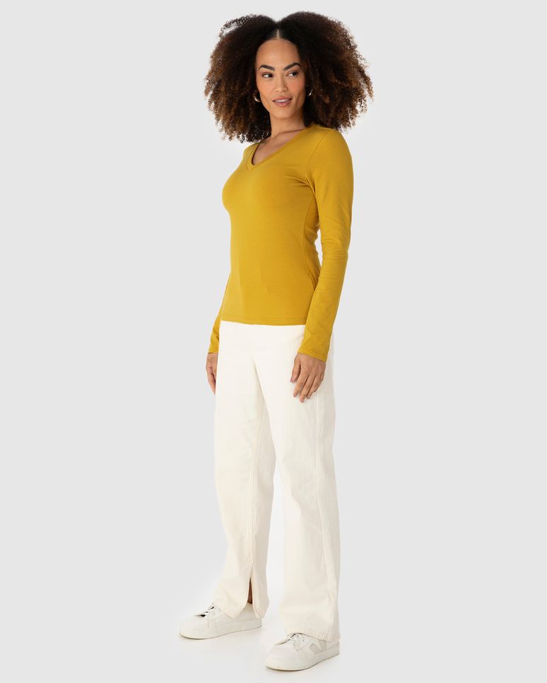 Blusa Básica Feminina Gola V Manga Longa Em Algodão