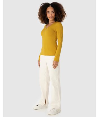 Blusa Básica Feminina Gola V Manga Longa Em Algodão