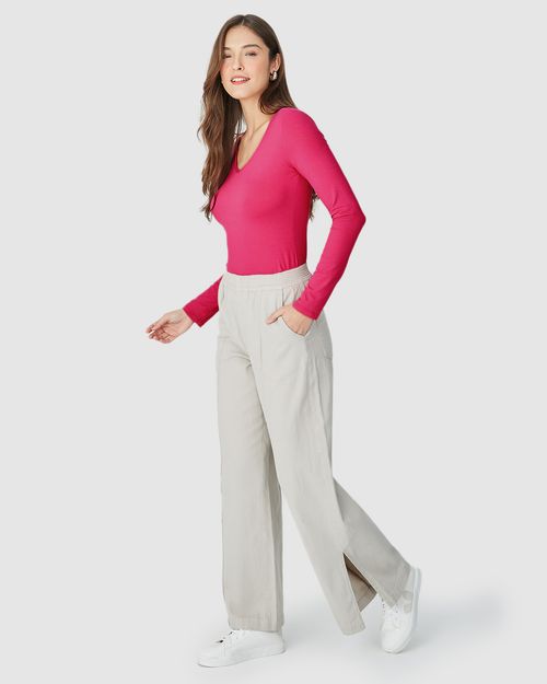 Blusa Básica Feminina Gola V Manga Longa Em Viscose Stretch
