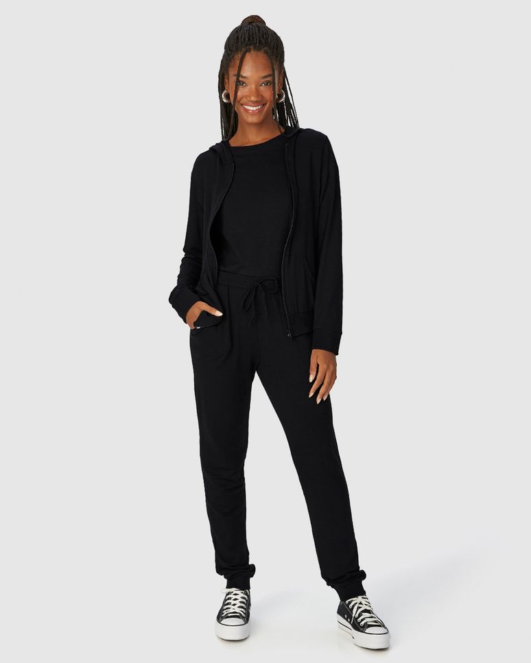 Conjunto Feminino Jaqueta Com Capuz Em Moletinho Stretch Viscose