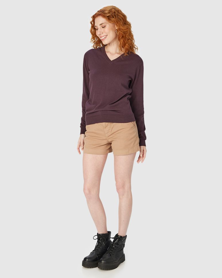 Suéter Básico Feminino Decote V Em Tricô