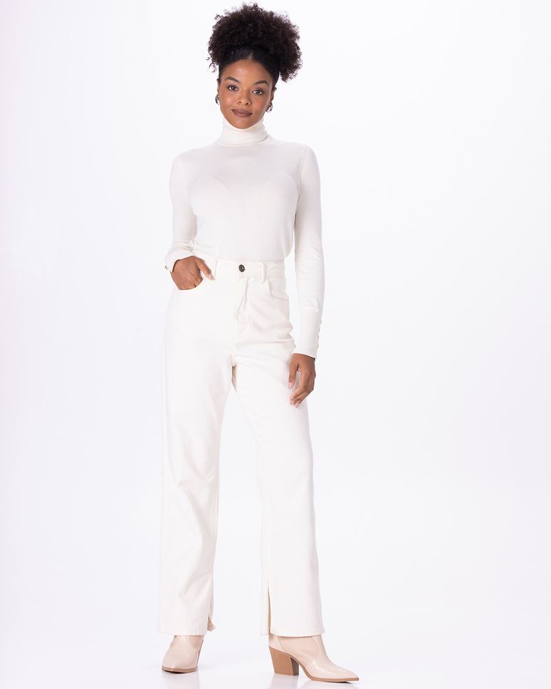 Calça Straight Cropped Feminina Em Sarja Com Elastano Eco
