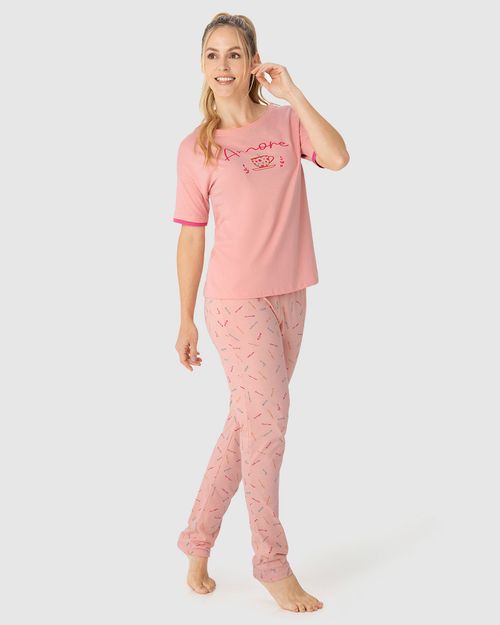 Pijama Feminino Blusa Manga Curta Estampa Amore Em Algodão