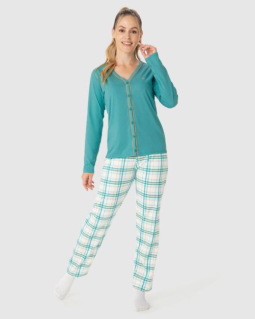 Pijama Feminino Blusa Abotoamento Frontal Em Algodão
