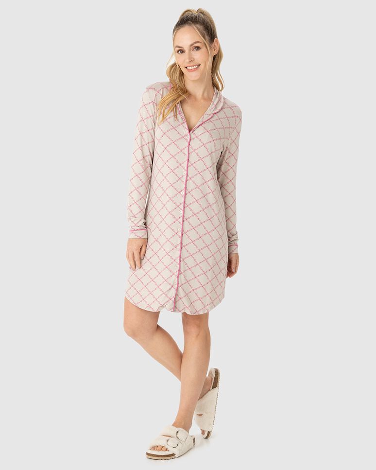 Pijama Feminino Manga Longa Estampa Xadrez Em Viscose Stretch